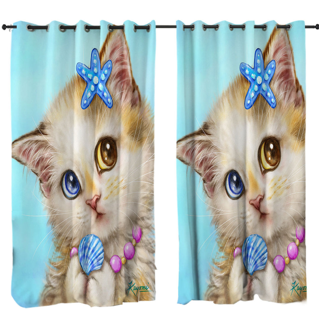 Adorable Cats Drawings Seashells Girly Kitten Curtains