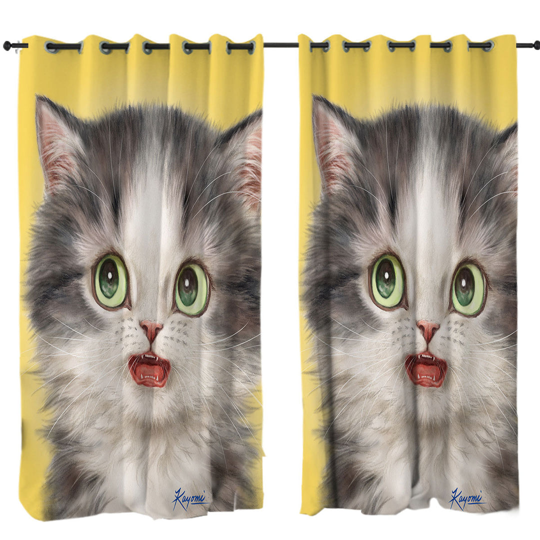 Adorable Cats Scared Grey Kitten Window Curtains