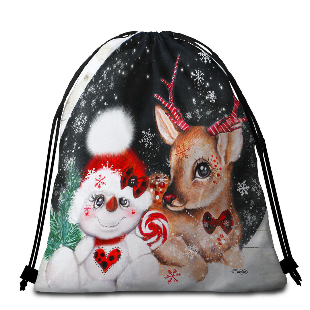 Adorable Christmas Reindeer and Snowman Beach Towels and Bags Set