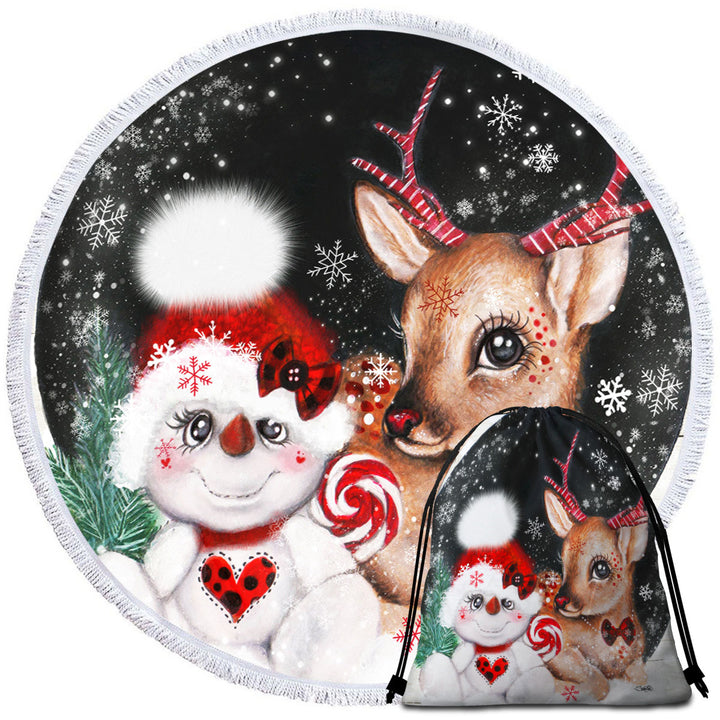 Adorable Christmas Reindeer and Snowman Circle Beach Towel