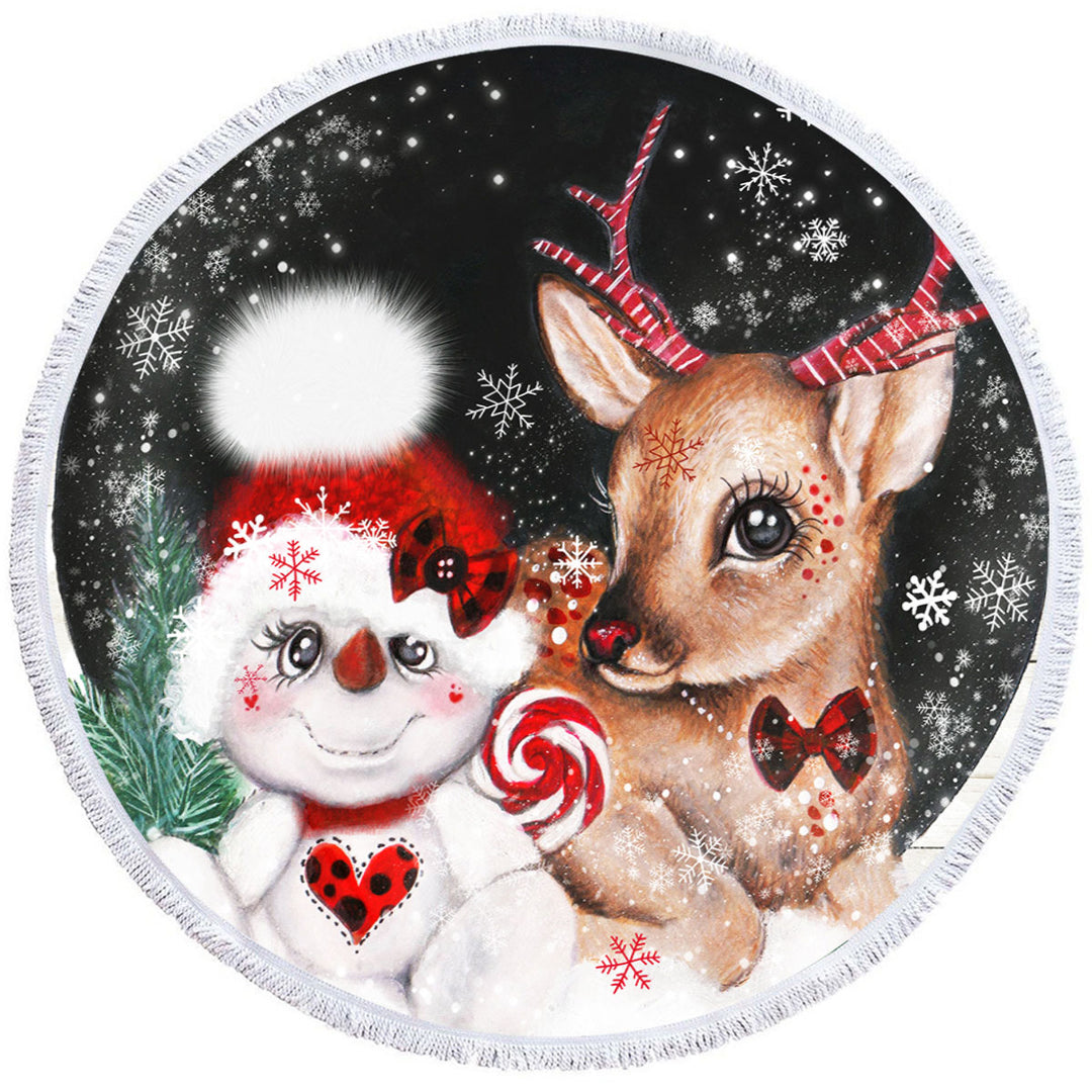 Adorable Christmas Reindeer and Snowman Round Beach Towel