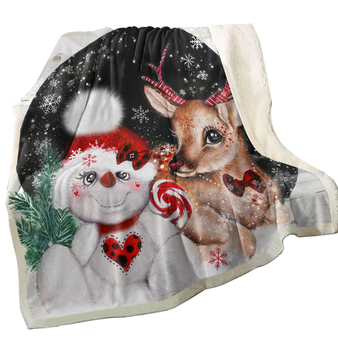 Adorable Christmas Reindeer and Snowman Sherpa Blanket