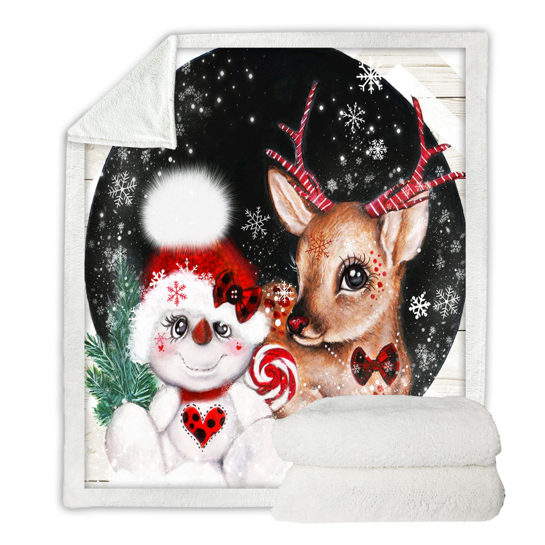 Adorable Christmas Reindeer and Snowman Throw Blanket