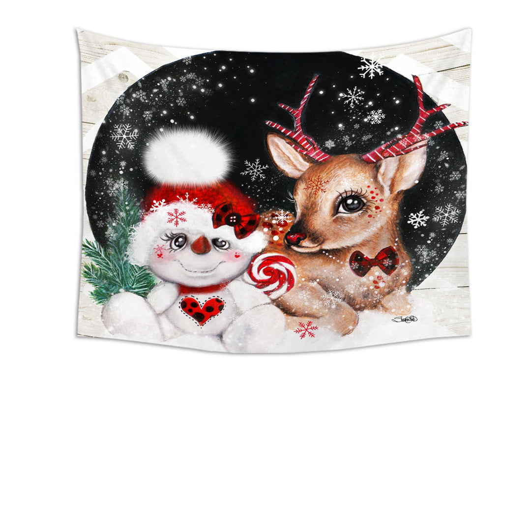 Adorable Christmas Reindeer and Snowman Wall Decor Tapestry