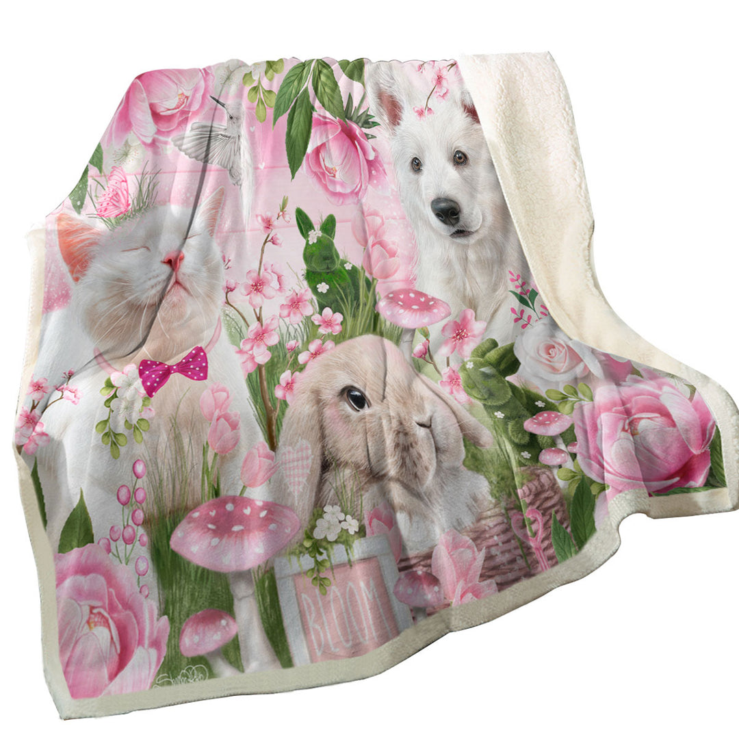 Adorable Decorative Throws Cat Dog Bunny Pink Blossom Buddies