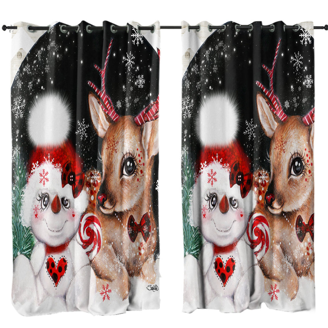 Adorable Kids Curtains for Christmas Reindeer and Snowman