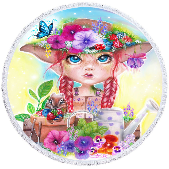 Adorable Kids Design Round Beach Towel Gracie the Gardener Girl