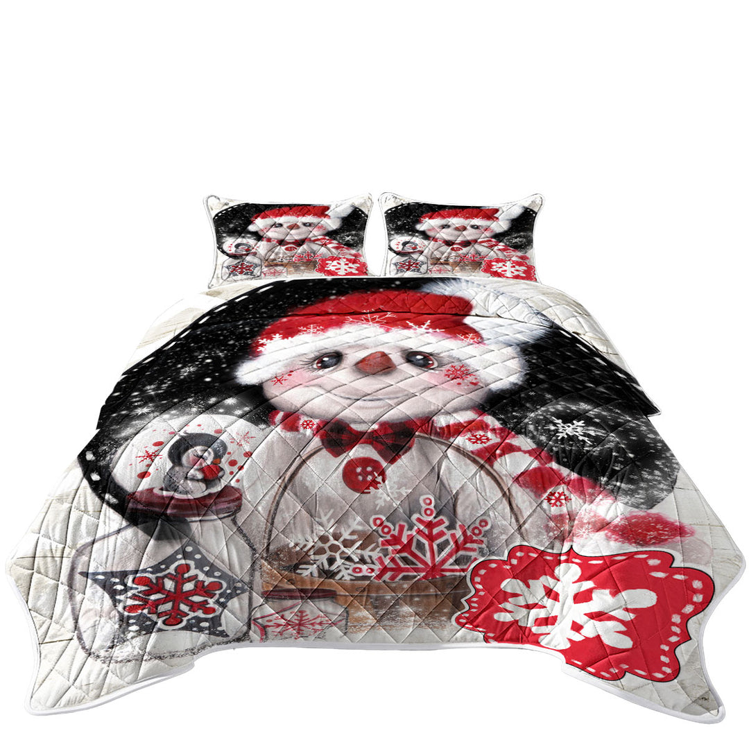 Adorable King Size Quilt Sets for Christmas Snowflake Wishes Snowman