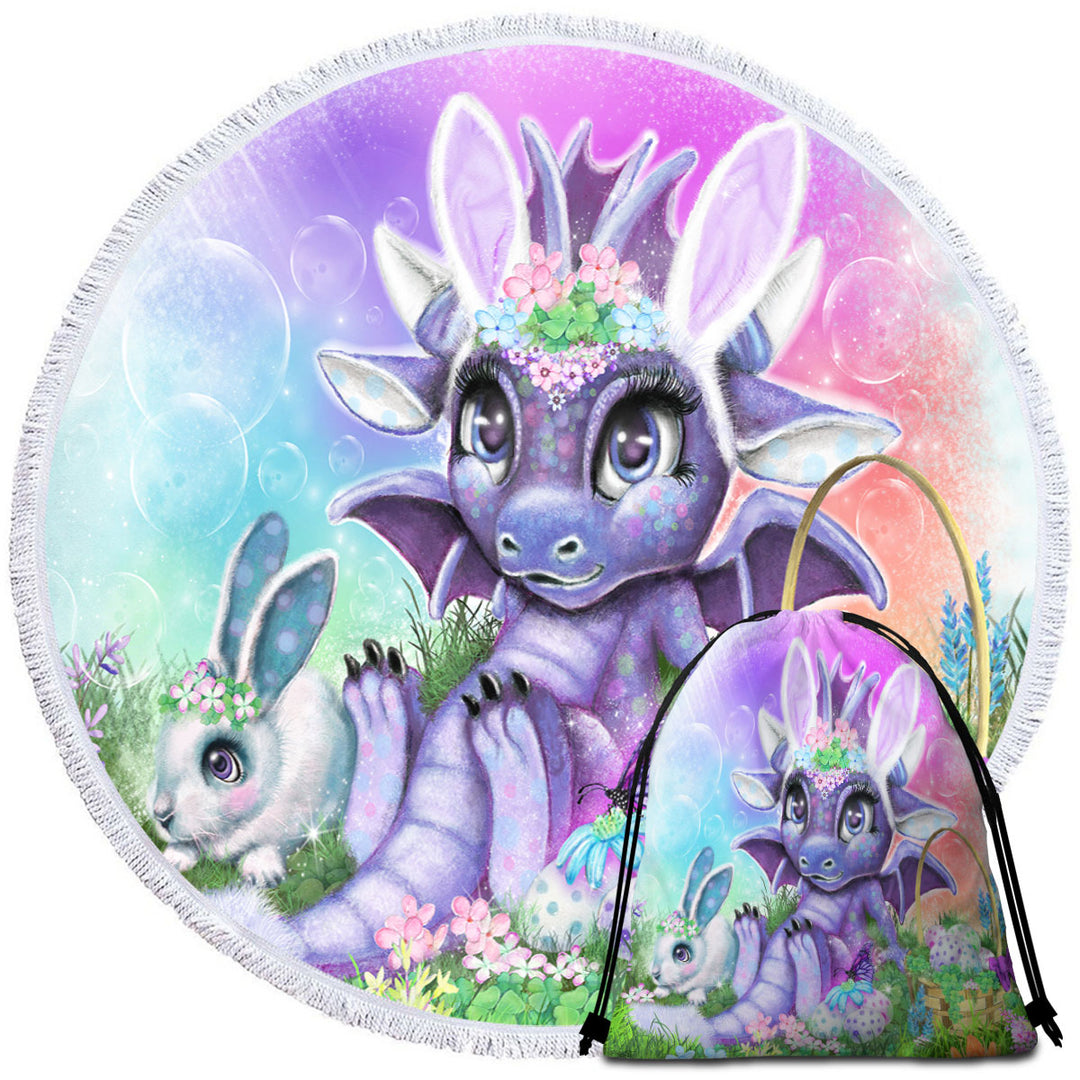 Adorable Round Beach Towel Garden Easter Bunny Lil Dragon