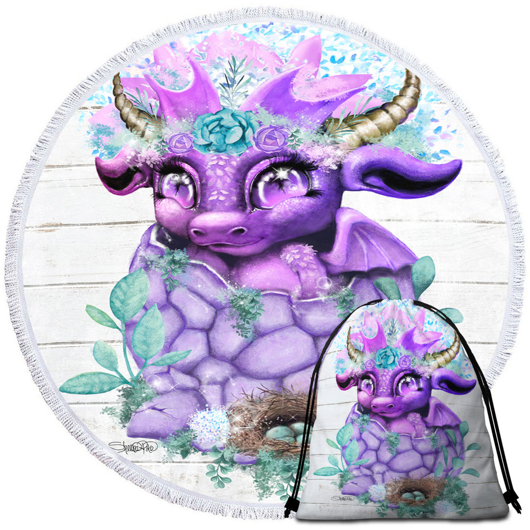 Adorable Round Beach Towels Fantasy Art Spring Lil Dragon