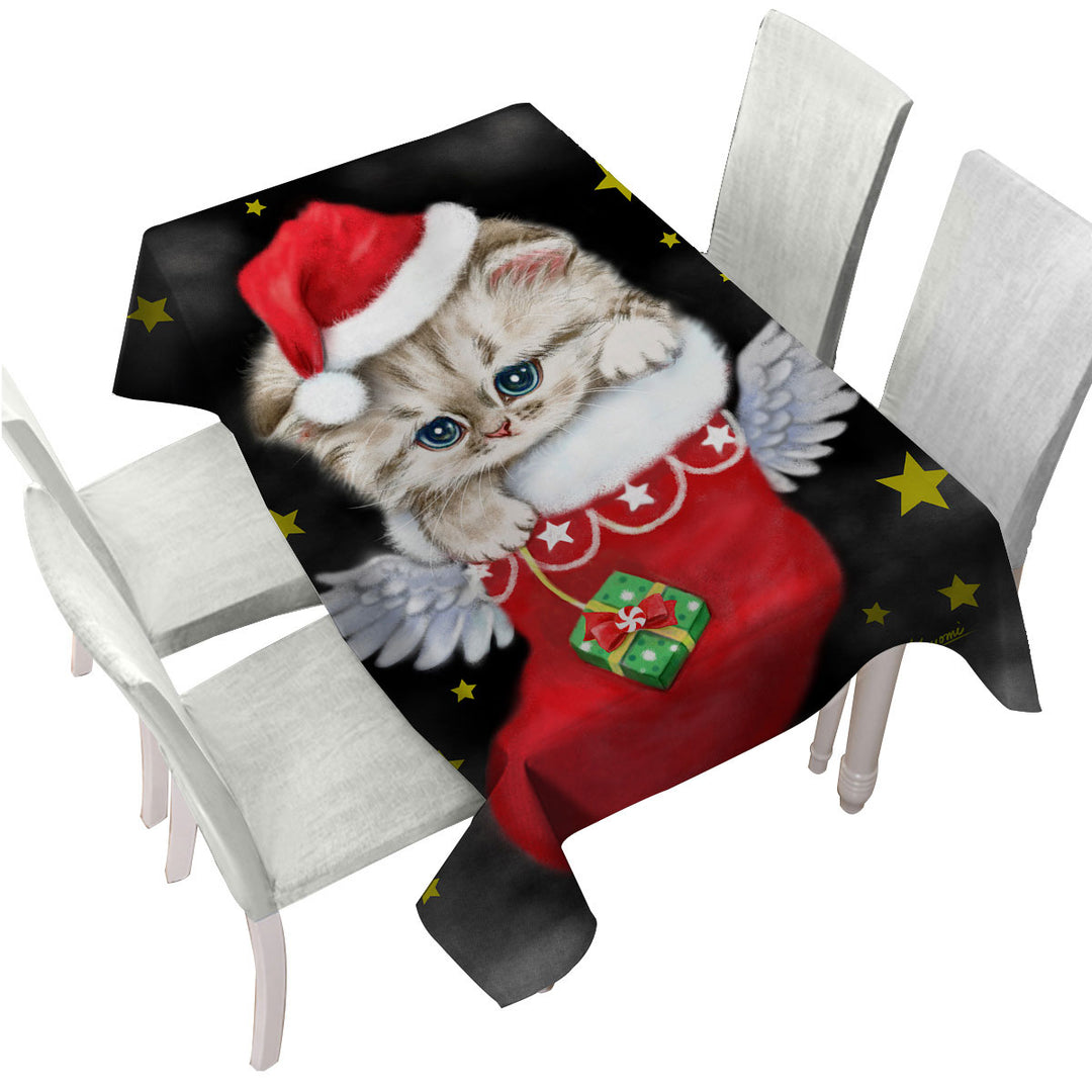 Adorable Tabby Kitty in Red Angle Christmas Sock Tablecloths