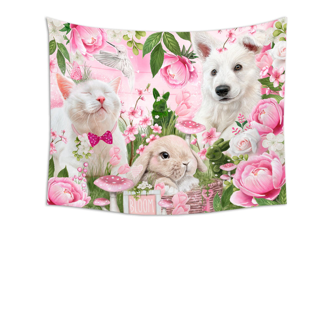 Adorable Tapestry Wall Decor Cat Dog Bunny Pink Blossom Buddies