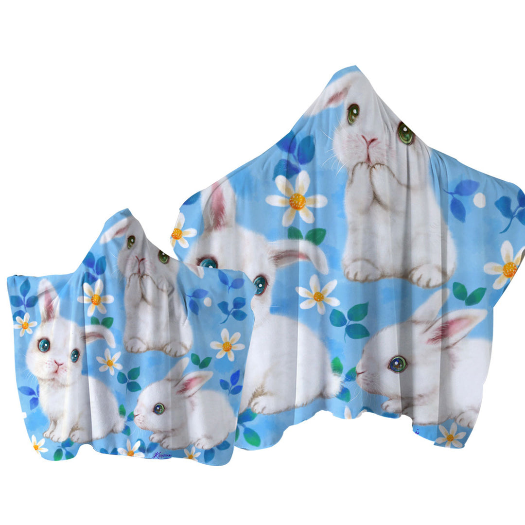 Adorable White Bunnies and Flowers for Kids Towel Hoodie