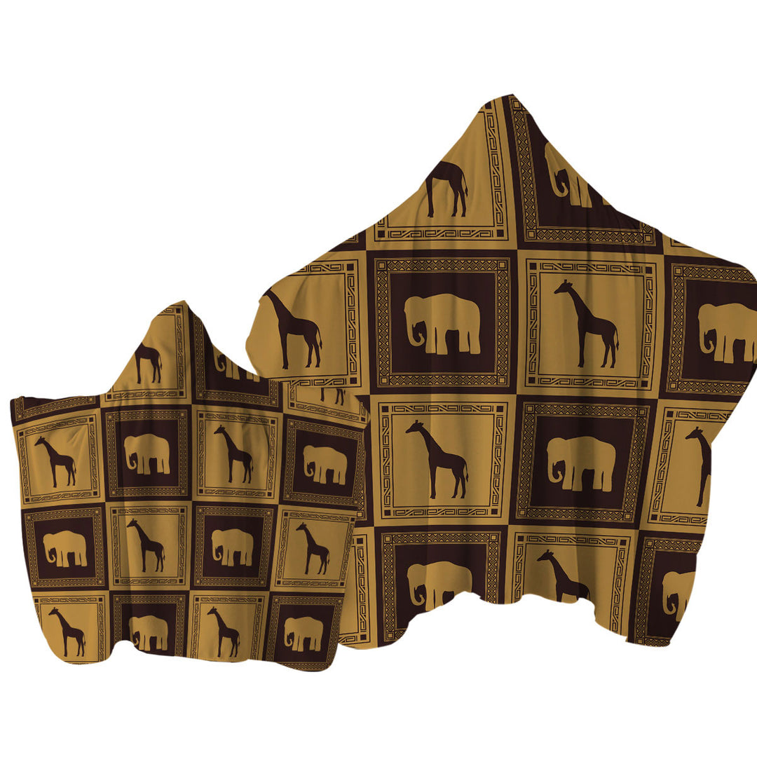 African Tiles Elephants and Giraffes Hooded Beach Towel