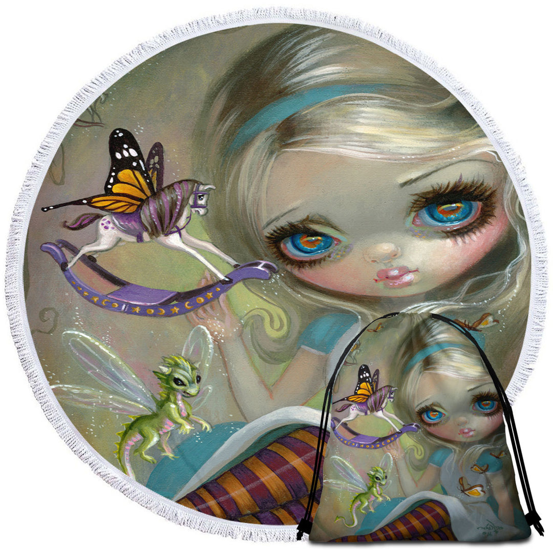 Alice Circle Beach Towel Fairytale Painting Looking Glass Insects