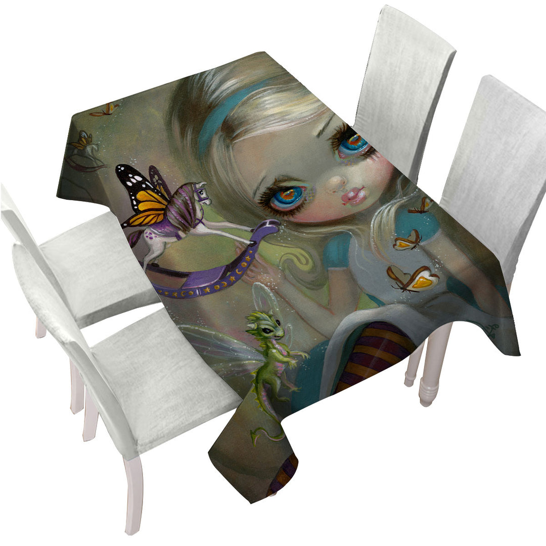 Alice Fairytale Painting Looking Glass Insects Printed Tablecloth