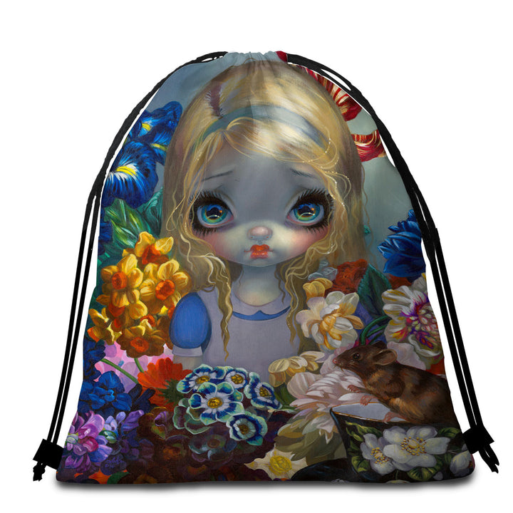 Alice With the Dormouse and Flowers Beach Towel Bags