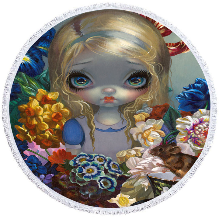 Alice With the Dormouse and Flowers Circle Beach Towel