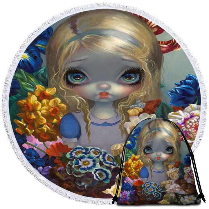 Alice With the Dormouse and Flowers Round Beach Towel