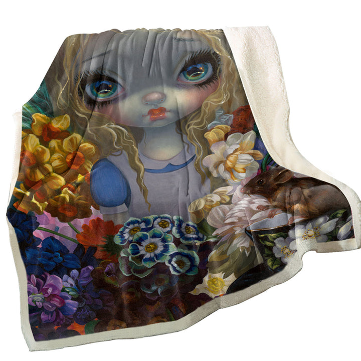 Alice With the Dormouse and Flowers Sherpa Blanket