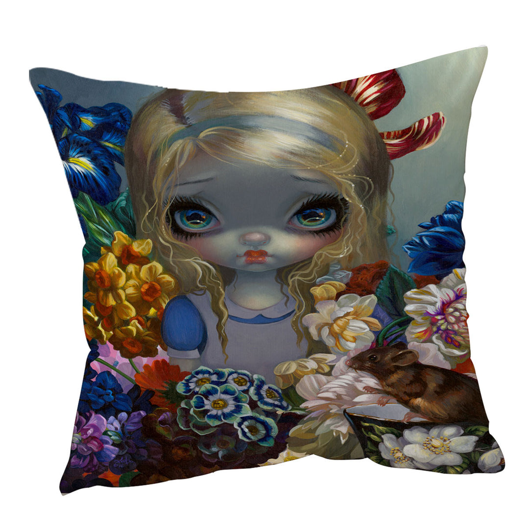 Alice With the Dormouse and Flowers Throw Pillows