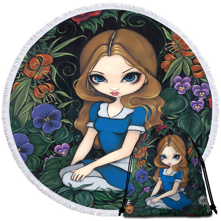 Alice and the Flowers Round Beach Towel