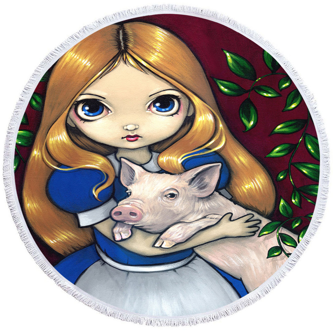 Alice and the Pig Round Beach Towel