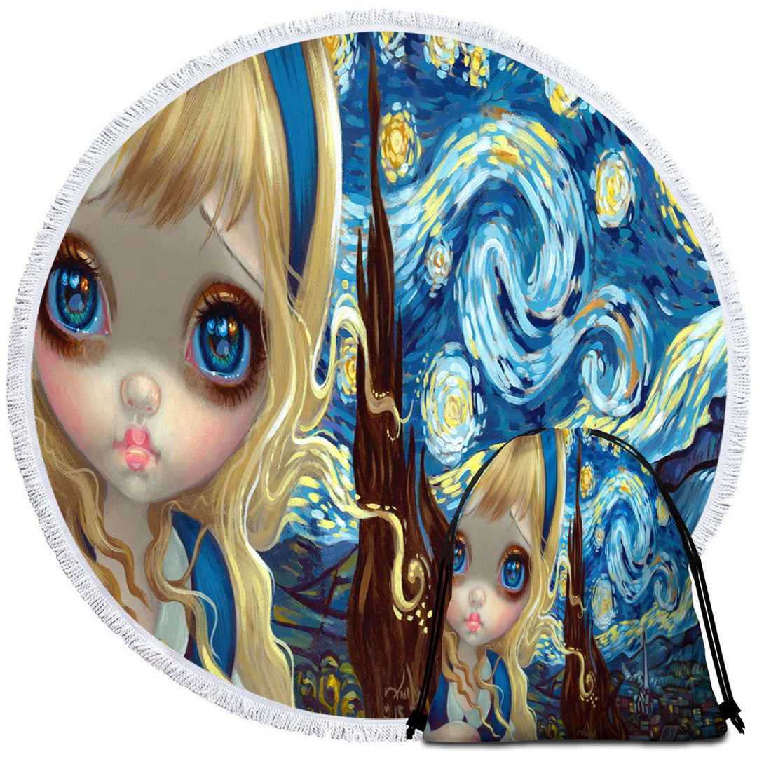 Alice in the Starry Night Round Beach Towel