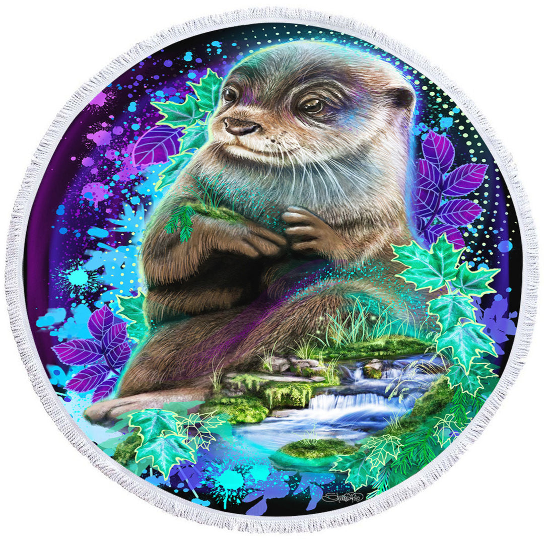 Animal Art Waterfall Otter Circle Beach Towel