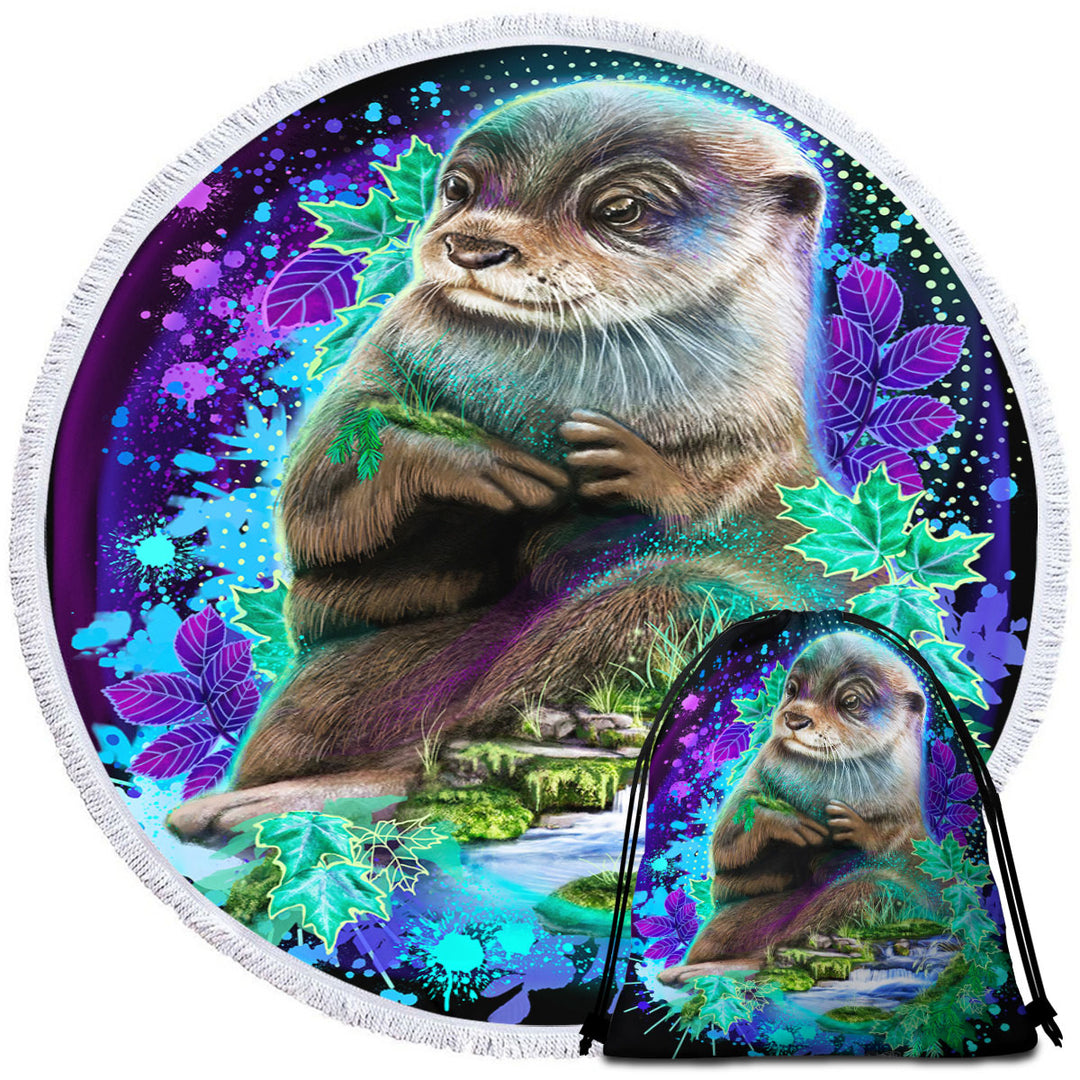 Animal Art Waterfall Otter Round Beach Towel