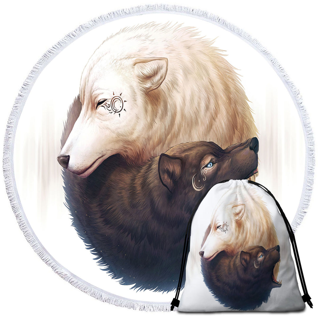 Animal Art Yin and Yang Wolves Round Towel for Men