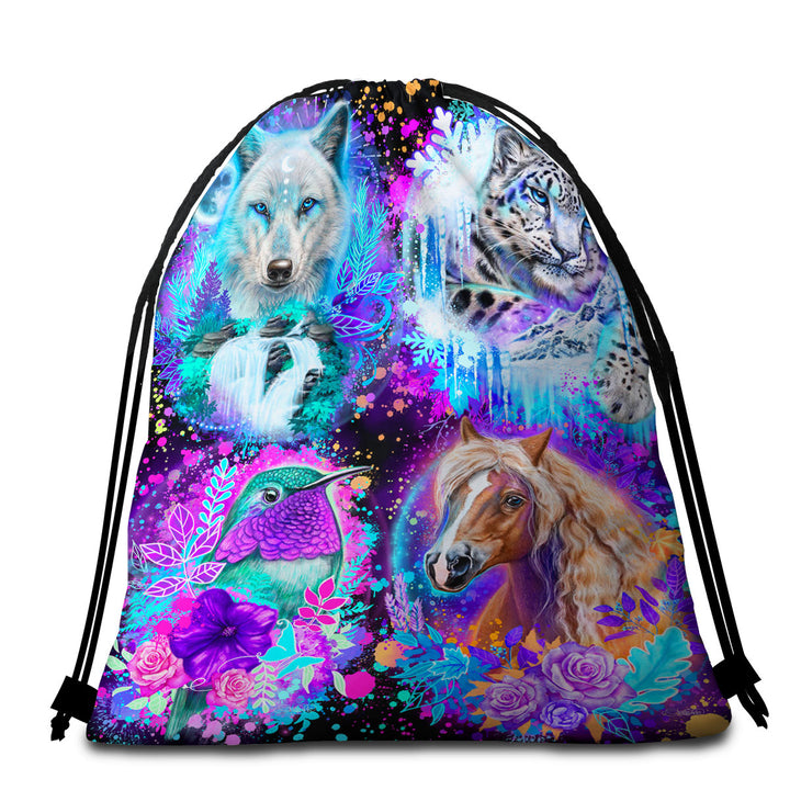 Animal Beach Towel Bags Wolf Horse Leopard Hummingbird Animal Collage