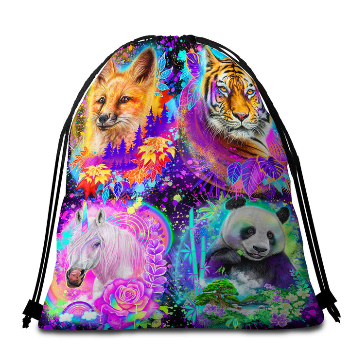 Animal Beach Towel Pack Tiger Fox Panda Unicorn Animal Spirits Collage