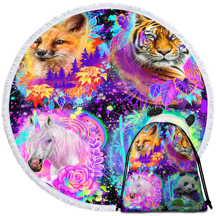 Animal Beach Towels and Bags Set Tiger Fox Panda Unicorn Animal Spirits Collage