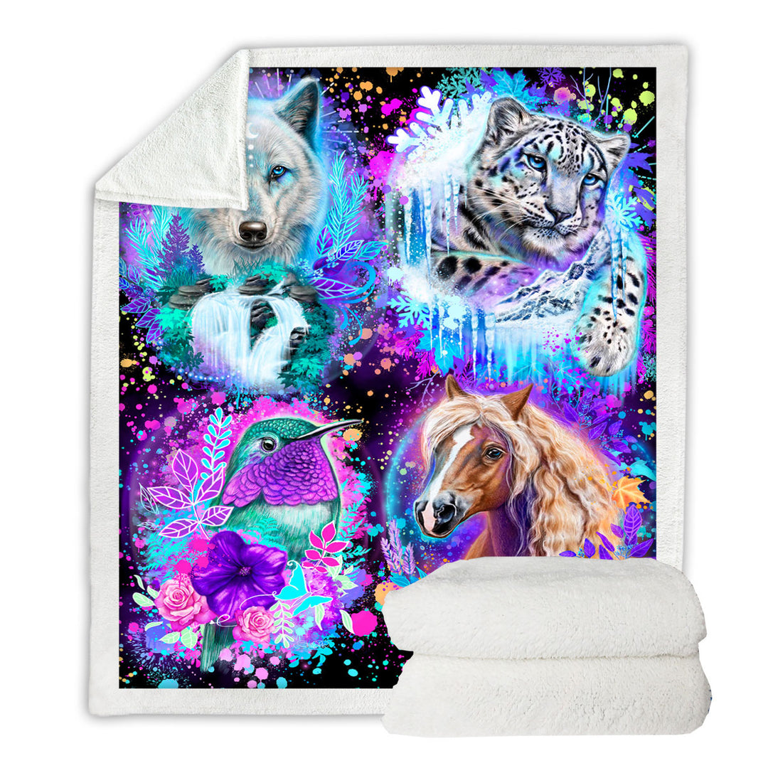 Animal Decorative Blankets Wolf Horse Leopard Hummingbird Animal Collage