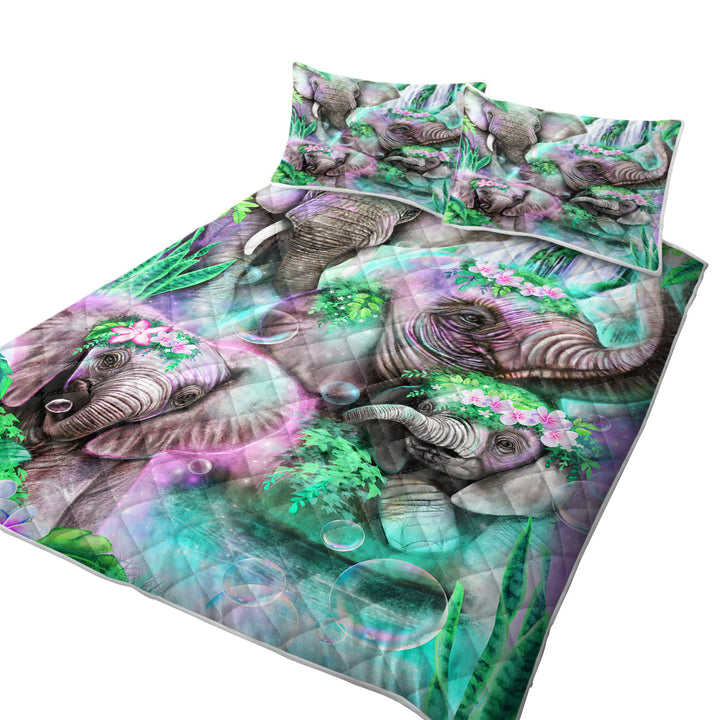 Animal Painting Day Dream Elephants Lagoon King Size Quilt Sets