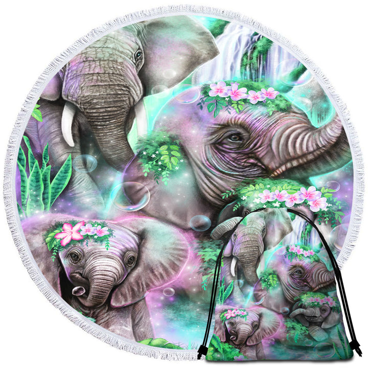 Animal Painting Day Dream Elephants Round Beach Towel