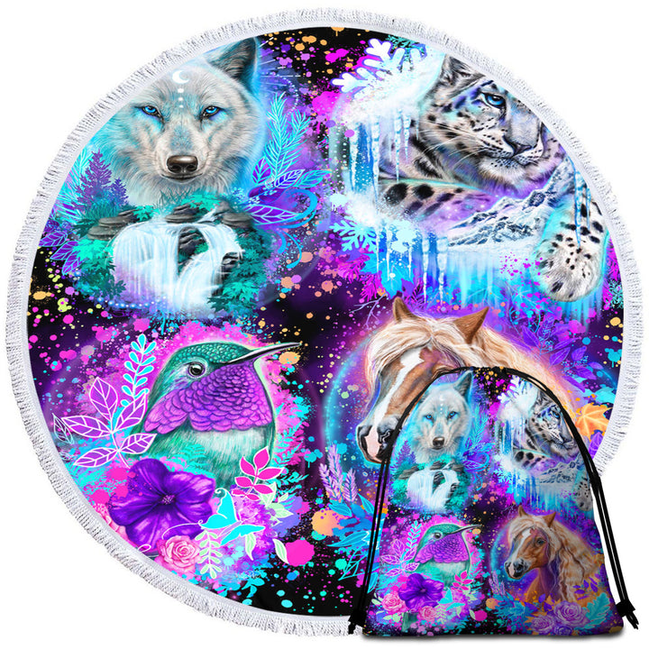 Animal Round Beach Towel Wolf Horse Leopard Hummingbird Animal Collage