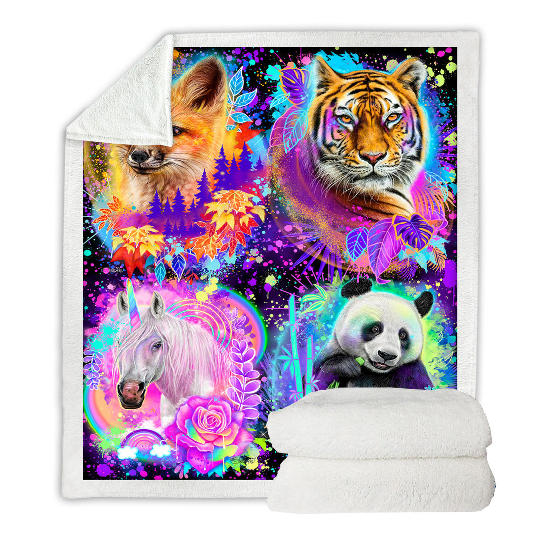 Animal Sherpa Blanket Tiger Fox Panda Unicorn Animal Spirits Collage