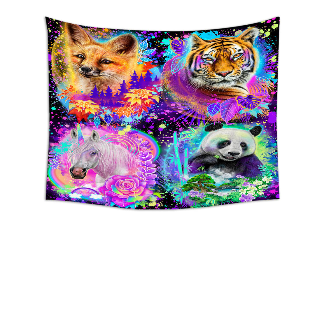 Animal Wall Decor Tapestry Tiger Fox Panda Unicorn Animal Spirits Collage Fabric Hanging