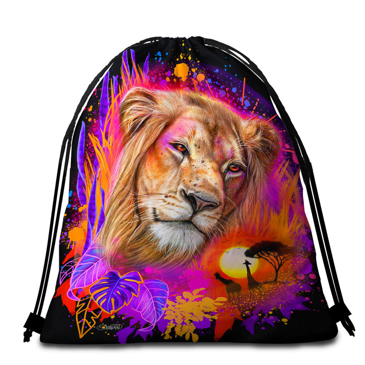 Animals Art Lion Beach Towels and Bags Set