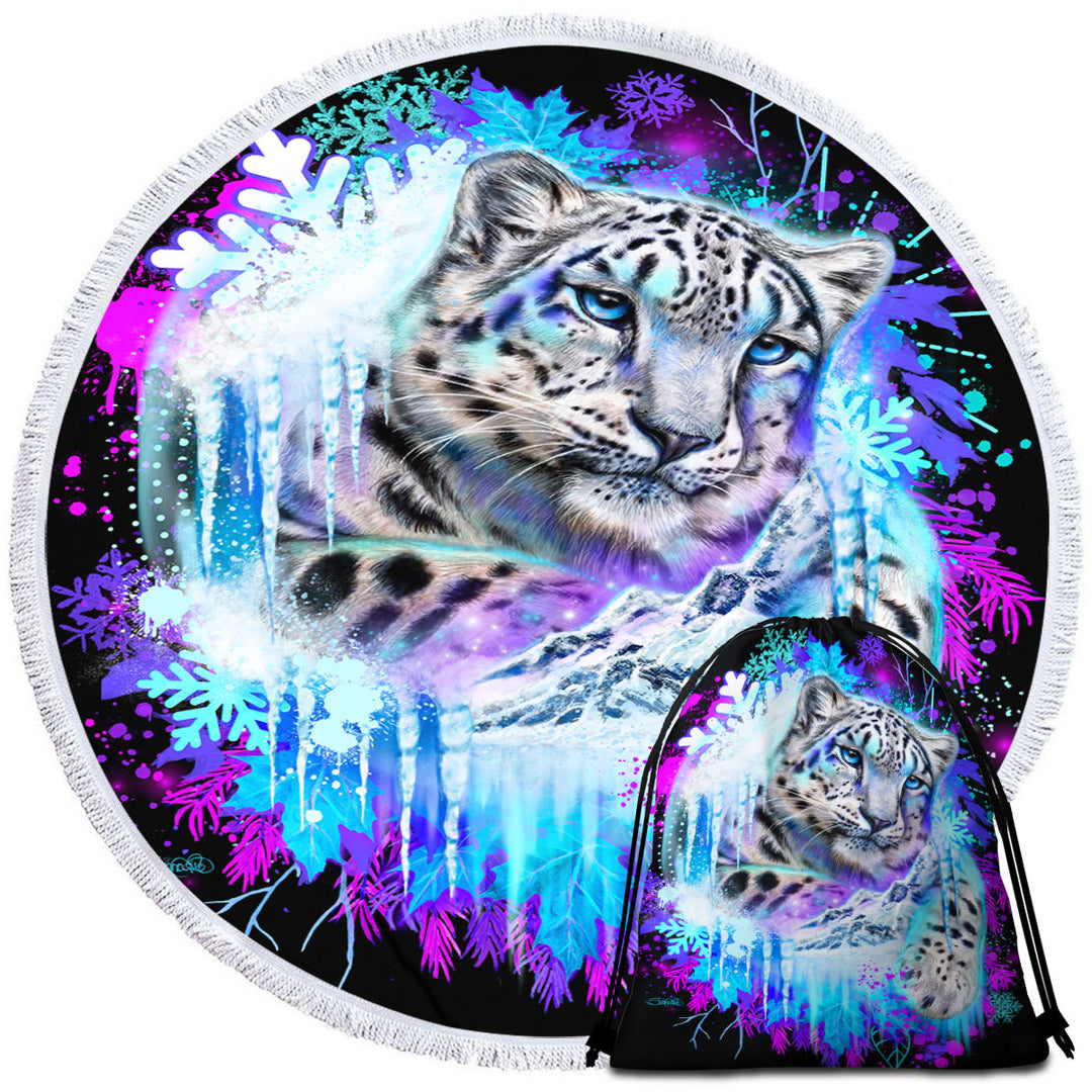 Animals Art Snow Leopard Round Beach Towels