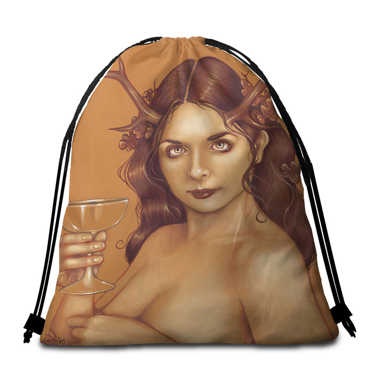 Art Beach Towel of Magical Chalice Antlers and Oak Leaves Woman