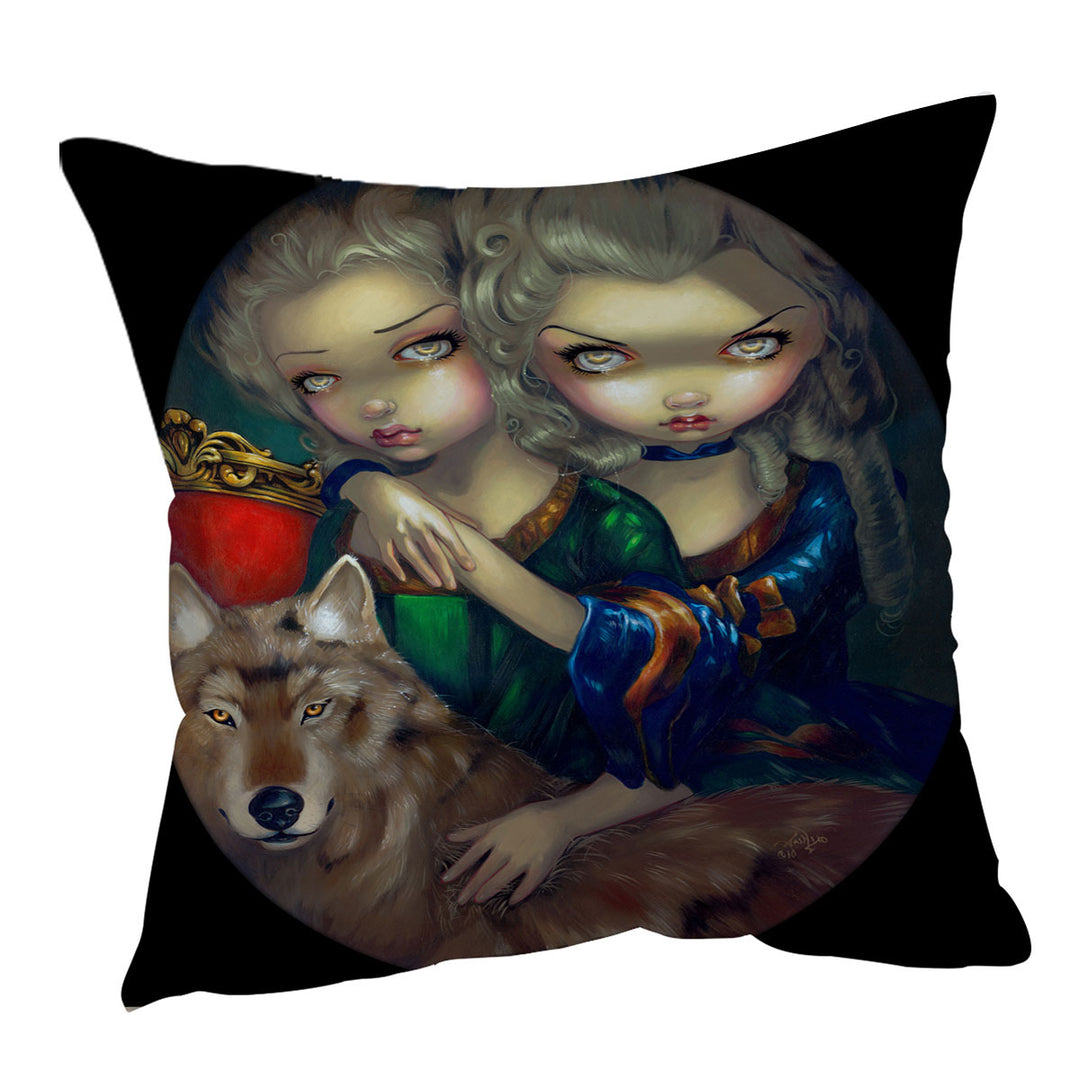 Art Cushion Cover Loup Garou Beautiful Girls Twins and Their Wolf