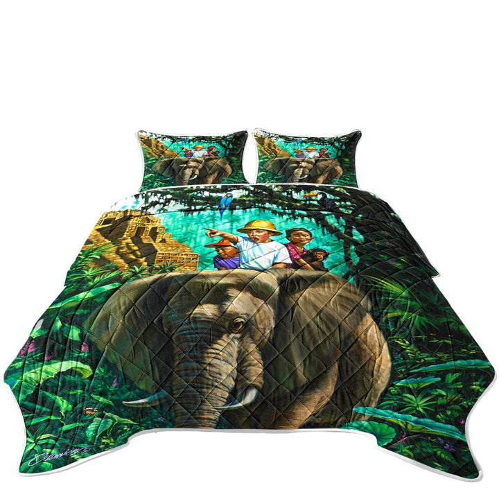 Art Painted Elephant Money and Jungle Kids California King Quilt Sets