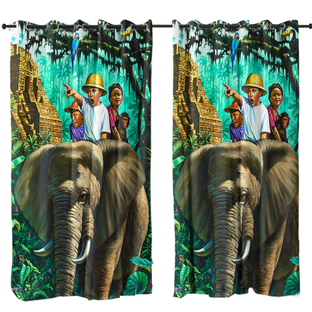 Art Painted Elephant Money and Jungle Kids Curtains