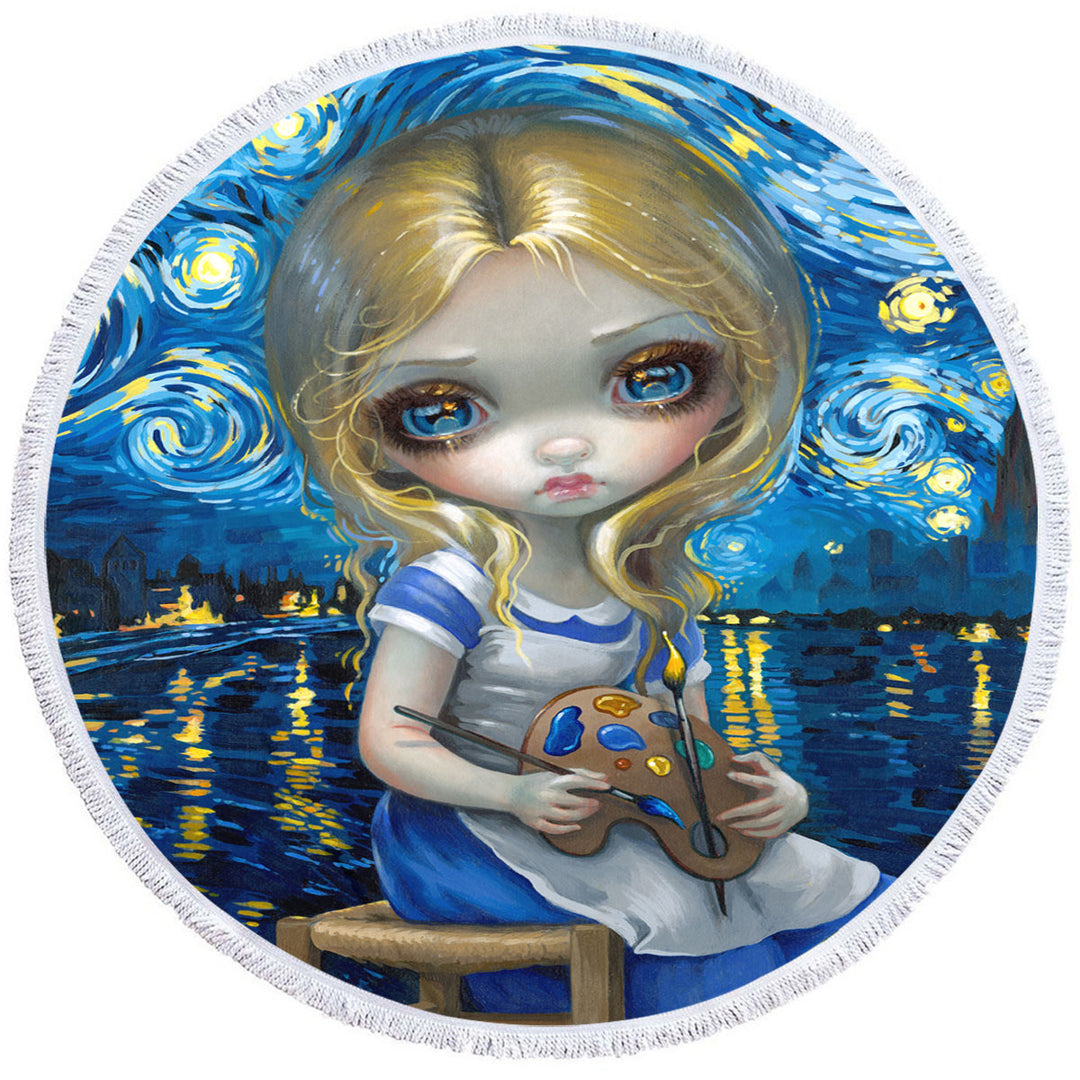 Art Painting Alice in a Van Gogh Nocturne Round Beach Towel