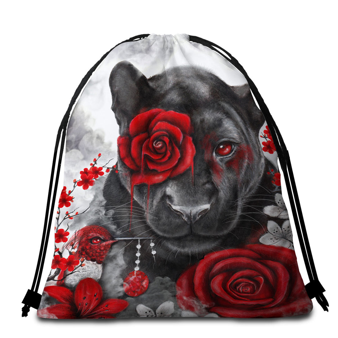 Art Painting Beach Towel Bags Ruby Rose Panther and Hummingbird