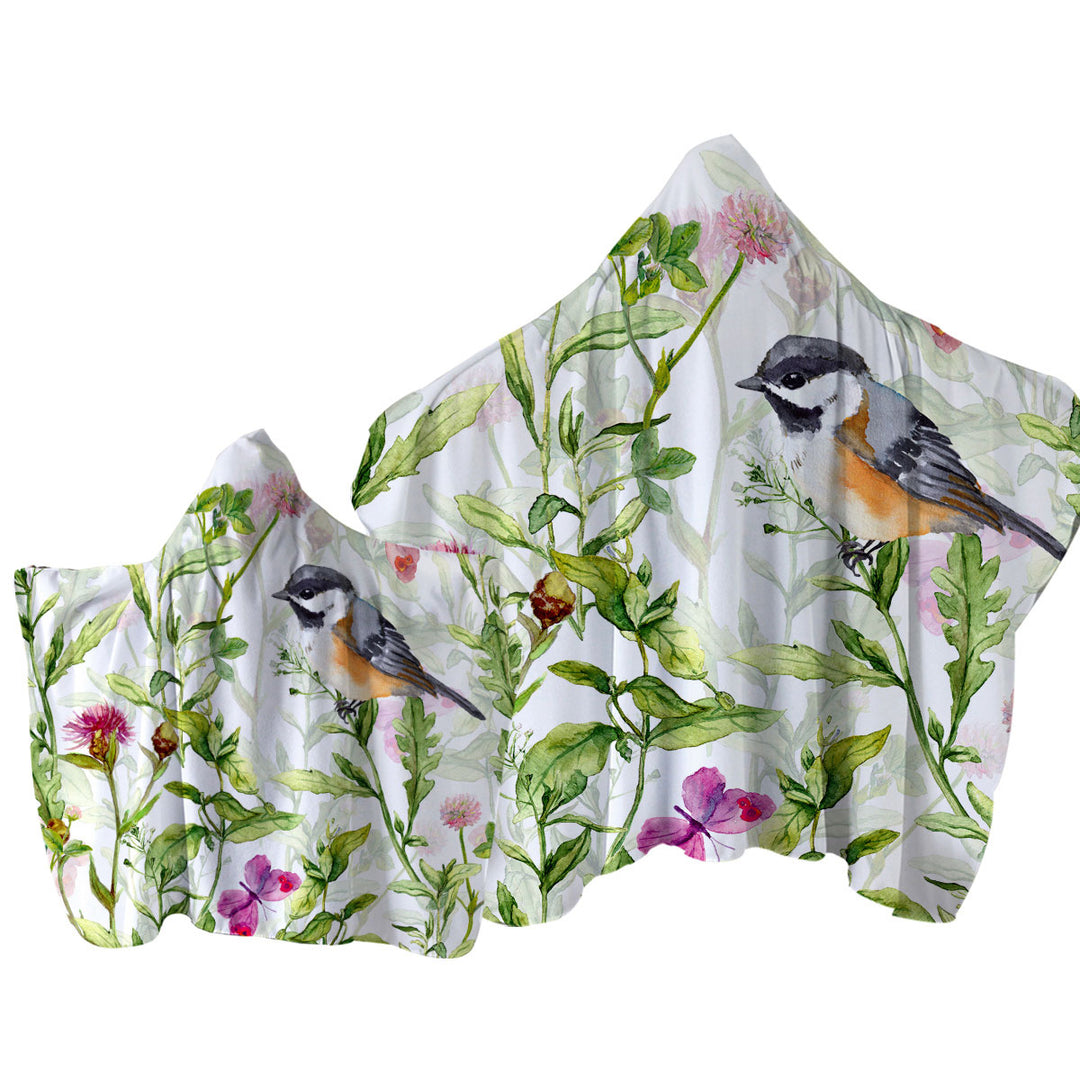 Art Painting Bird and Butterflies with Flowers Towel with Hood