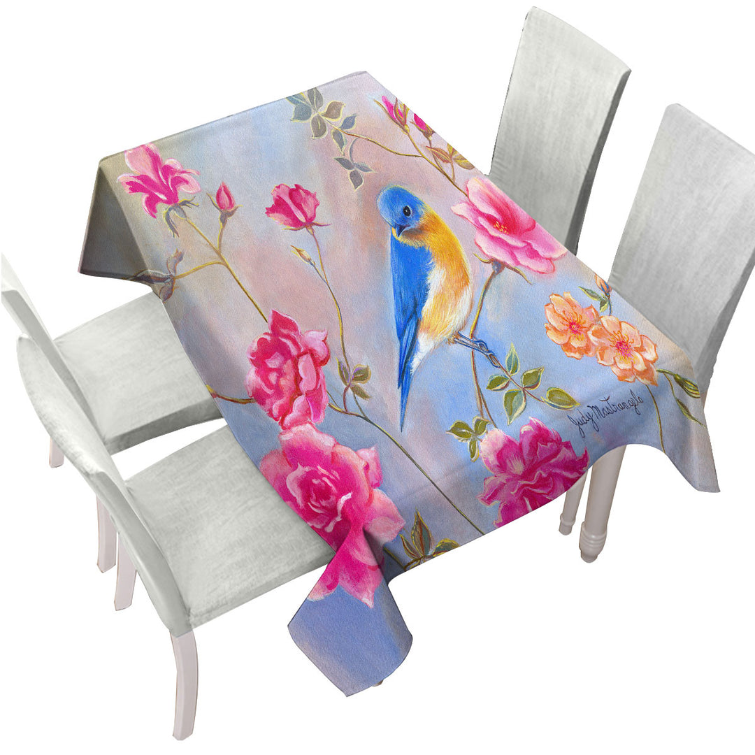 Art Painting Blue Bird in Roses Printed Tablecloth